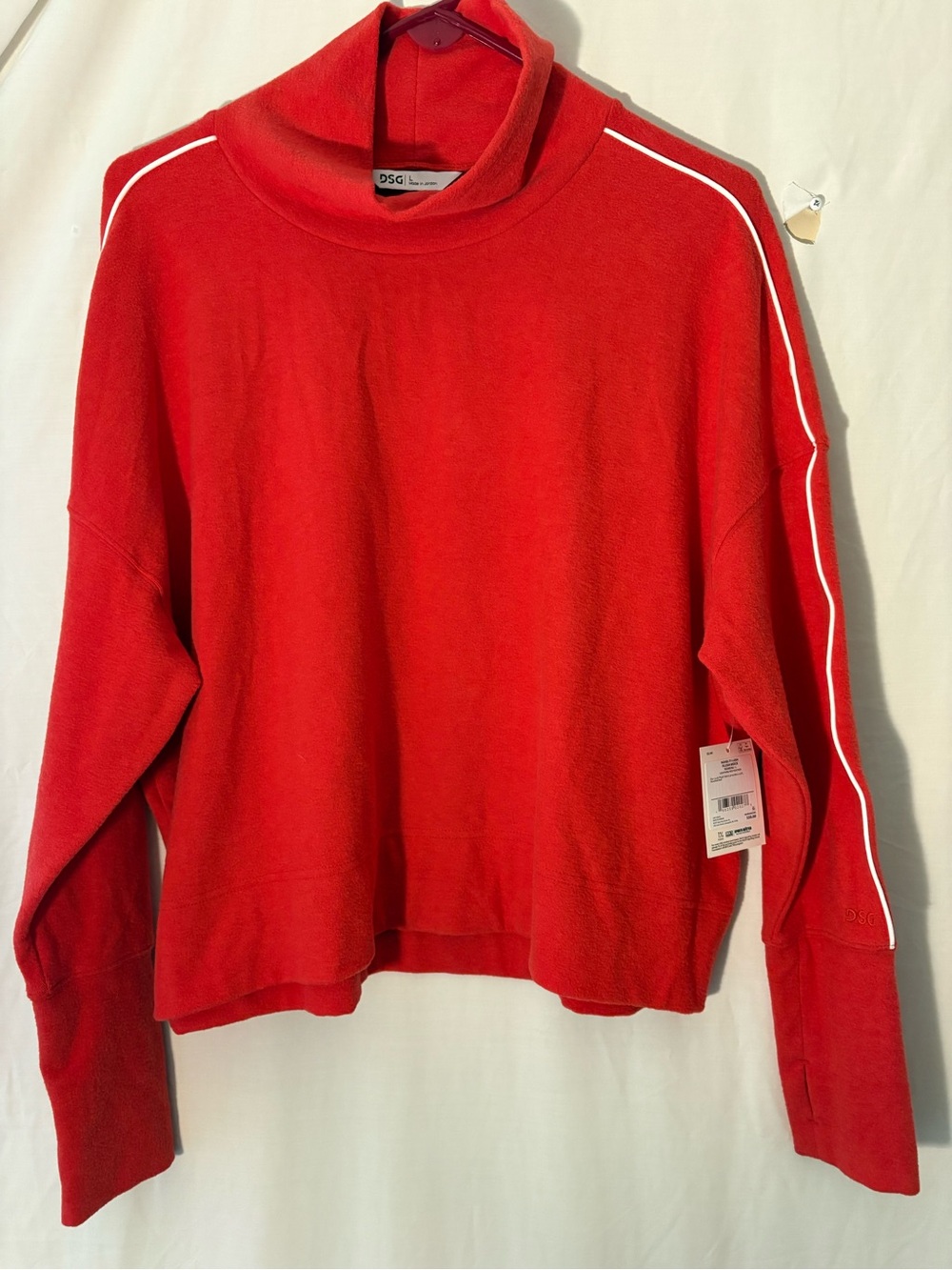 DSG Red Lush Plush mock Pullover Sweatshirt with White Shoulder Piping